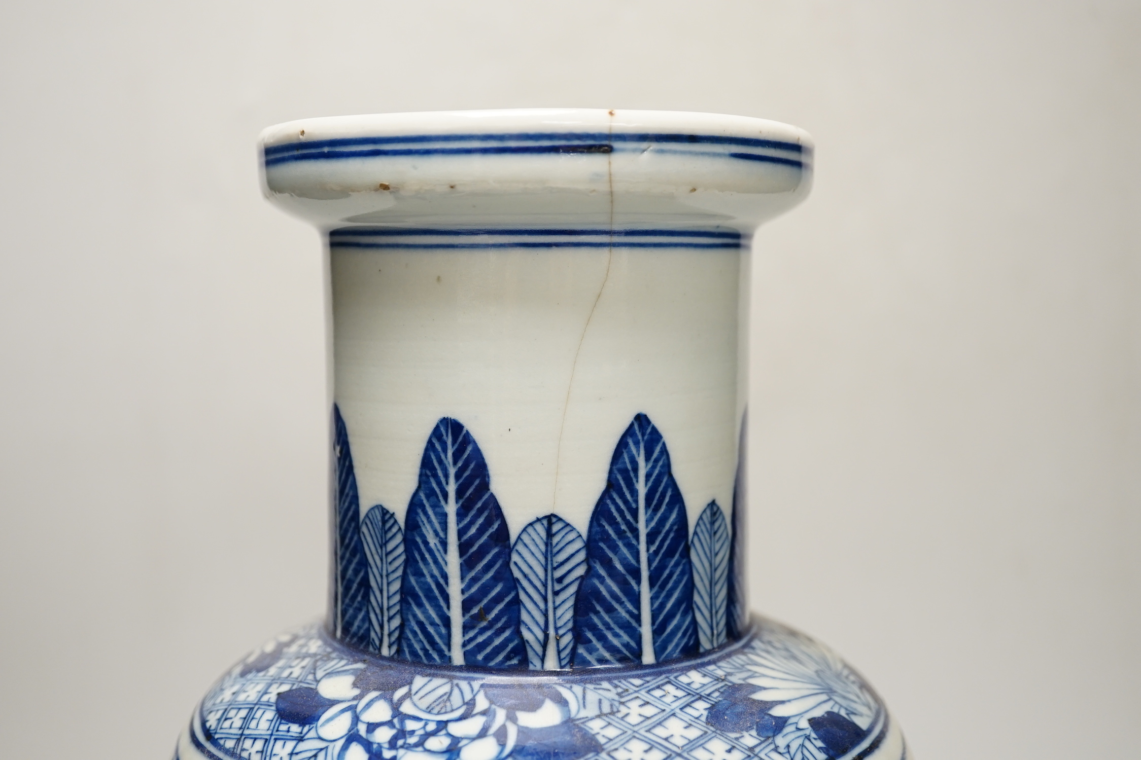 A Chinese blue and white rouleau vase painted with figures, 39cm (a.f.)
